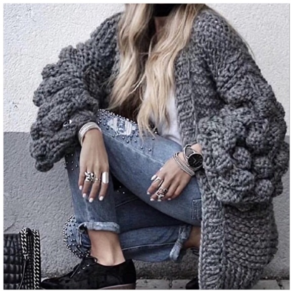 🆕Grey PomPom Bubble Sleeve Loose Knit Open Front Cardigan Jacket Blogger Favs - Picture 8 of 9